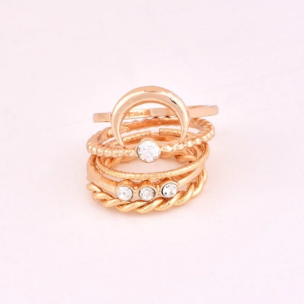 Boho 5 pcs Ring Set Crescent Moon Diamond Gold NEW - Picture 2 of 2